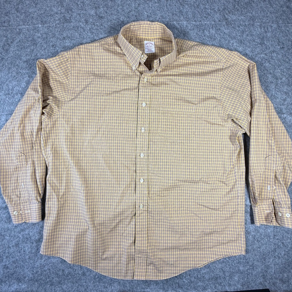 Brooks Brothers Button Down Mens XL Yellow Plaid Non-Iron Regular Fit Shirt